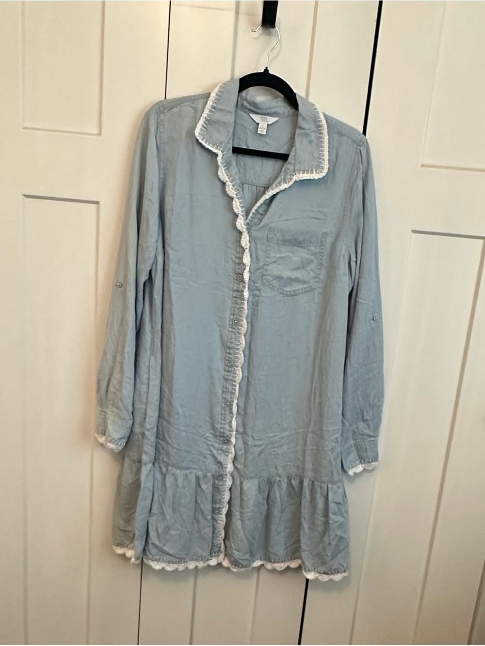 Time and Tru Light Blue Chambray Dress with Hand Crochet-Trim upcycled - Picture 1 of 7